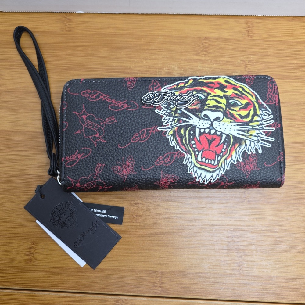 Ed Hardy Women Tiger Tattoo Print Zip Wristlet Wallet Black Red Vegan Leather
